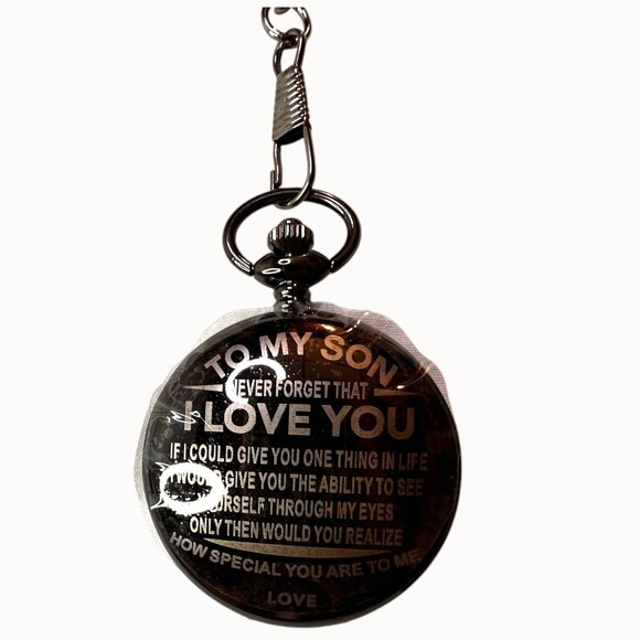 Pocket Watch w/ Chain "To My Son Never Forget That I Love You" Quartz Movement - Picture 7 of 9